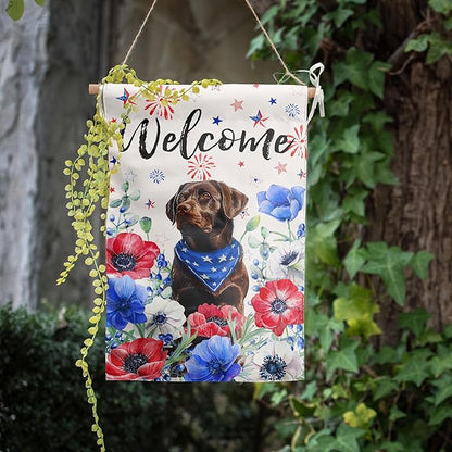 4th of July Chocolate Lab Garden Flag Red White Blue Floral Labrador Dog Yard Flags Small Memorial Independence Day Banner 12x18 Double Sided for Outside Outdoor Patriotic Decor