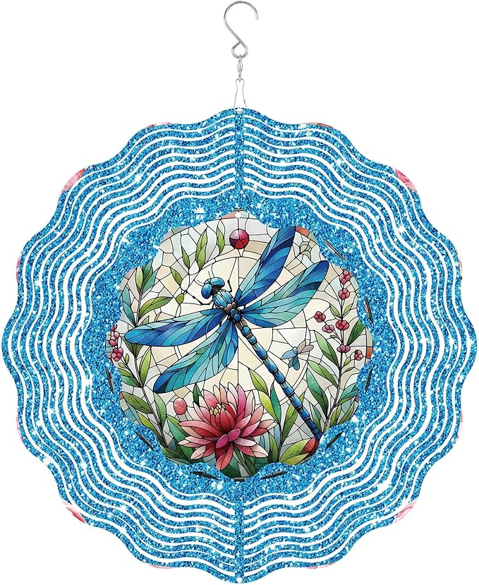 Dragonfly Wind Spinner Outdoor, Hanging Metal Wind Catcher, Garden Decor Gift for Women Men, 12" 3D Stainless Steel Kinetic Art for Yard, with Center Pendant