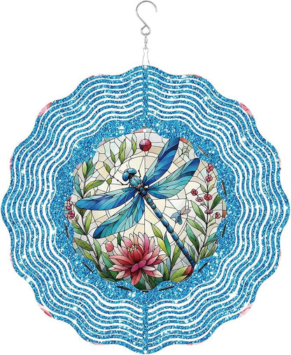 Dragonfly Wind Spinner Outdoor, Hanging Metal Wind Catcher, Garden Decor Gift for Women Men, 12" 3D Stainless Steel Kinetic Art for Yard, with Center Pendant