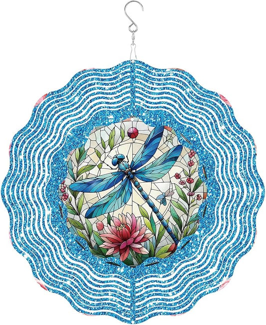 Dragonfly Wind Spinner Outdoor, Hanging Metal Wind Catcher, Garden Decor Gift for Women Men, 12" 3D Stainless Steel Kinetic Art for Yard, with Center Pendant