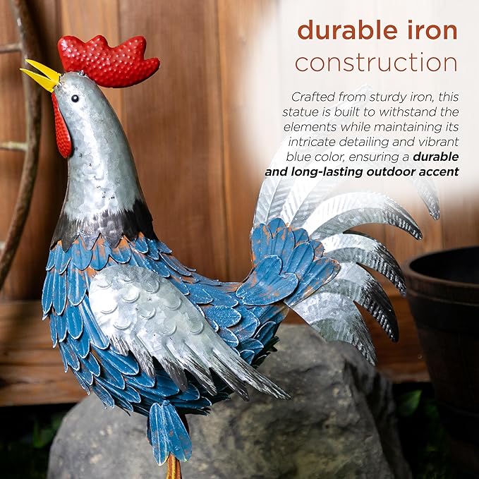 Alpine Corporation 23" Tall Outdoor Metal Silver Tail Rooster Statue with Vibrant Design, Garden Decor, Silver/Blue
