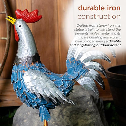 Alpine Corporation 23" Tall Outdoor Metal Silver Tail Rooster Statue with Vibrant Design, Garden Decor, Silver/Blue