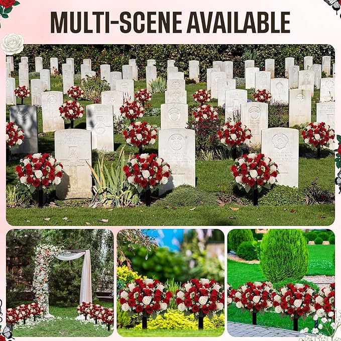 Frienda 2 Sets Cemetery Flowers Grave Stake Metal Floral Decor for Tombstone, Outdoor Gravesite Markers for Mom Dad, Memorial Day Spring Easter Grave Decor(Bouquet,Red,White)