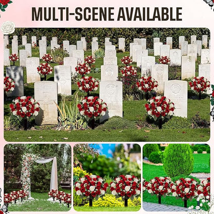 Frienda 2 Sets Cemetery Flowers Grave Stake Metal Floral Decor for Tombstone, Outdoor Gravesite Markers for Mom Dad, Memorial Day Spring Easter Grave Decor(Bouquet,Red,White)