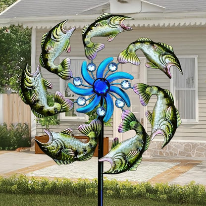 58" Metal Green Fish Wind Spinners Garden Stake -Ocean Theme Windmill Outdoor Decorations, Colorful Garden Wind Spinner Outside Decor, Wind Sculptures Lawn Decor for Yard Patio, Backyard