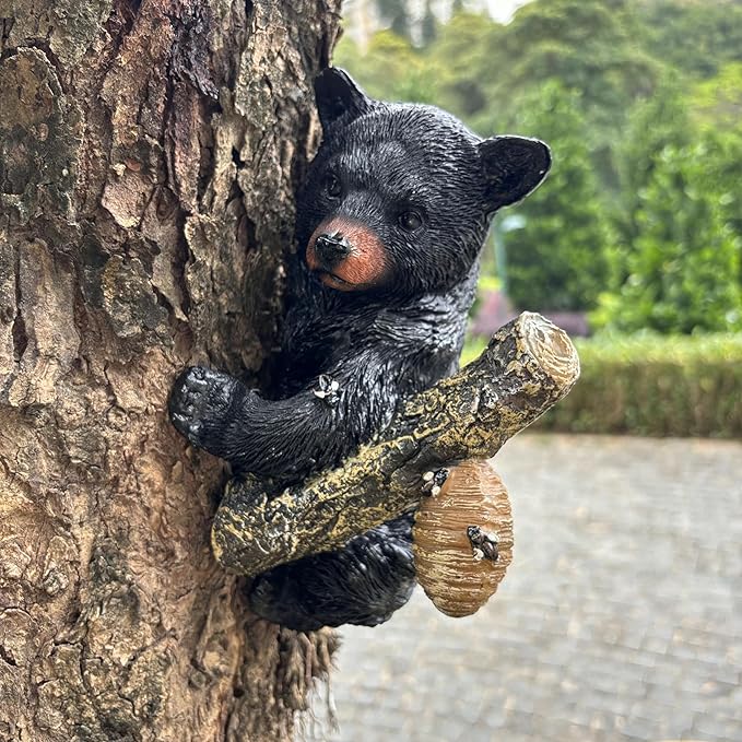 Black Bear cub Tree Hugger Decor. Forest Wildlife Animal Stadue，Climbing Tree Statue Hanging,Tree-Mounted - Realistic Polyresin stadue - for Housewarming, Outer Door,Garden, Yard.