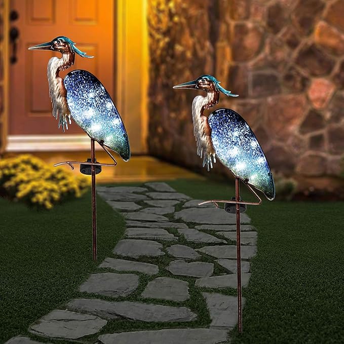 TERESA'S COLLECTIONS 42 inch Glass Blue Heron Solar Stake Light + Metal Pelican Statue for Garden Decor, Decorative Bird Art Sculpture Ornaments for Patio Lawn Backyard Outdoor Decorations