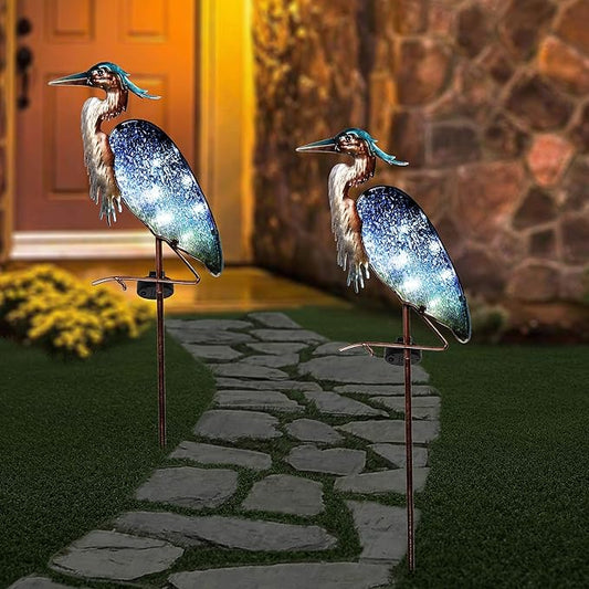 TERESA'S COLLECTIONS 42 inch Glass Blue Heron Solar Stake Light + Metal Pelican Statue for Garden Decor, Decorative Bird Art Sculpture Ornaments for Patio Lawn Backyard Outdoor Decorations