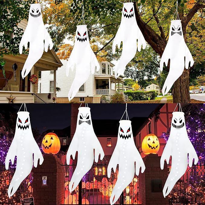 Geefuun 4PCS White Halloween Fierce Ghost Windsocks Hanging Decorations - Flag Wind Socks for Home Yard Outdoor Decor Party Supplies (Batteries Not Included,No Timer)