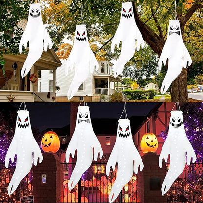 Geefuun 4PCS White Halloween Fierce Ghost Windsocks Hanging Decorations - Flag Wind Socks for Home Yard Outdoor Decor Party Supplies (Batteries Not Included,No Timer)
