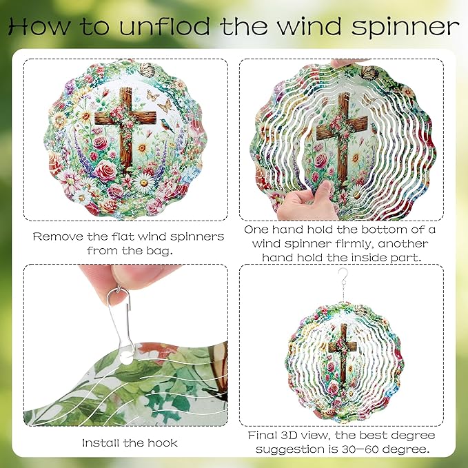 Hanging Wind Spinners Outdoor - Metal Cross Decor 3D Stainless Steel Wind Spinner for Patio Lawn Garden Indoor Balcony Kinetic Spinning Art Sculpture Birthday Gifts for Women Mom Grandma Wife