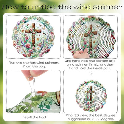 Hanging Wind Spinners Outdoor - Metal Cross Decor 3D Stainless Steel Wind Spinner for Patio Lawn Garden Indoor Balcony Kinetic Spinning Art Sculpture Birthday Gifts for Women Mom Grandma Wife
