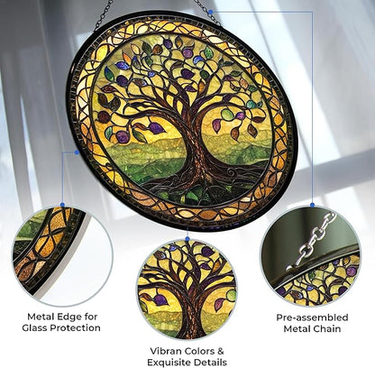 Tree of Life Stained Glass Window Hanging Window Suncatcher 12" Glass Panel with Metal Chain Sun Catchers Wall Art Home Decor Gift for Women Mother's Day (12”x12”)