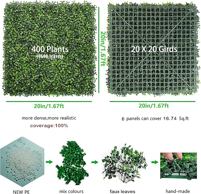 Bybeton Artificial Boxwood Grass Wall Panels,6 Pack 20"x 20" UV-Anti Grass Backdrop& Greenery Wall Panels for Indoor Outdoor Privacy Protected and Garden, Privacy Fence Screen Décor Spring Decor