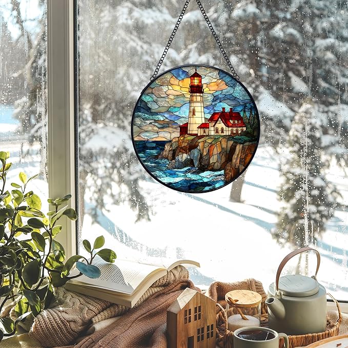 Lighthouse Stained Glass Window Hanging Suncatchers, Coastal Beach Lighthouse Sun Catchers Indoor Window Glass Wall Art Decor, Nautical Ocean Wall Hanging Decorations Sculptures, 7.9x7.9in