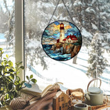 Lighthouse Stained Glass Window Hanging Suncatchers, Coastal Beach Lighthouse Sun Catchers Indoor Window Glass Wall Art Decor, Nautical Ocean Wall Hanging Decorations Sculptures, 7.9x7.9in