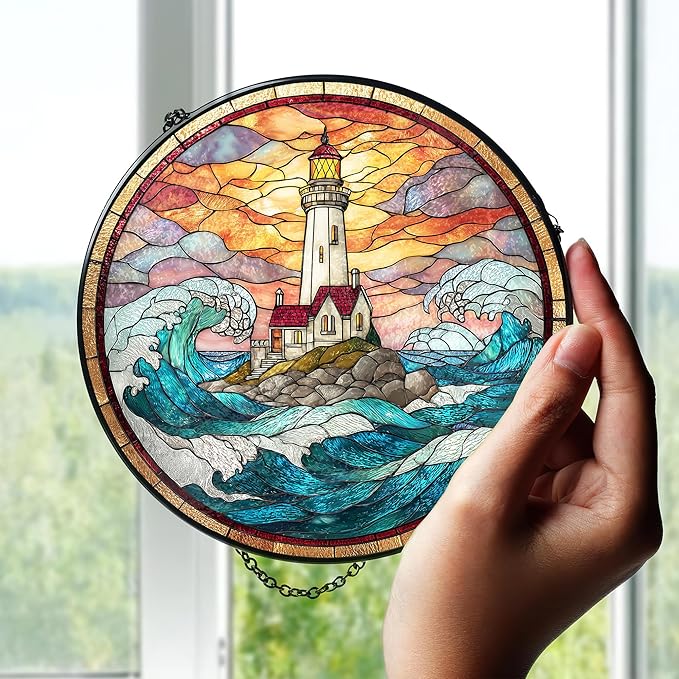 7.8" Lighthouse Suncatcher Stained Glass Window Hanging Ocean Light House Sun Catchers Blue Coastal Ornaments Wall Art Home Garden Room Door Decor Birthday for Women Men