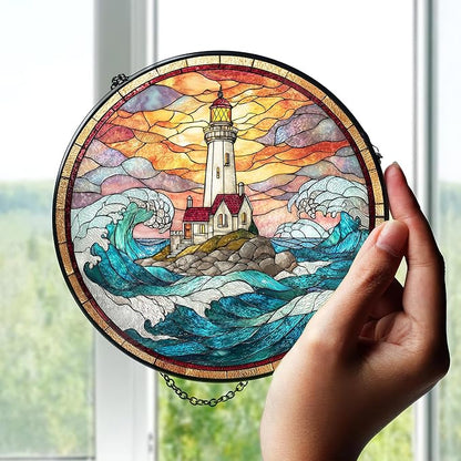 7.8" Lighthouse Suncatcher Stained Glass Window Hanging Ocean Light House Sun Catchers Blue Coastal Ornaments Wall Art Home Garden Room Door Decor Birthday for Women Men