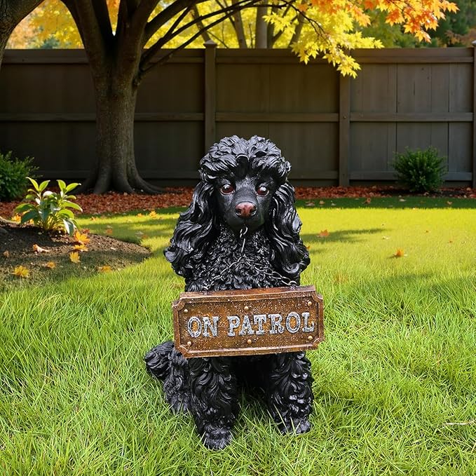 Black Poodle Garden Statue with Solar Lantern - 14.4" Large Dog Outdoor Decor with Double-Sided "Welcome/On Patrol" Sign, Waterproof Resin Puppy Figurine for Yard, Porch, Patio, Pet Memorial Gift