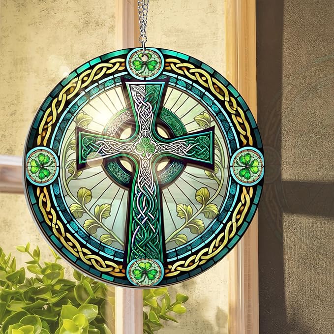 FLAGWIX St Patricks Day Decorations - Double Layered Hanging Suncatcher 6 in for Home Garden Decor - St Patricks Day Decorations, Celtic Cross Home Décor, Irish Gifts for Men Women Friends Family