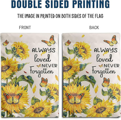 Always Loved Never Forgotten Memorial Garden Flag 12x18 Inch Double Sided Outside Sunflower Yard flag Butterfly Grave Flags for Cemetery Decorations