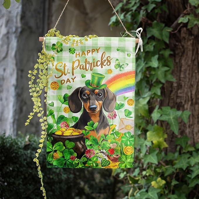 Dachshund St Patricks Day Garden Flag Dog St Patrick's Day Yard Flags for Outside 12x18 Double Sided Buffalo Plaid Shamrock Flag Small Outdoor Rainbow St Patrick's Decor