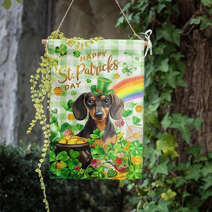 Dachshund St Patricks Day Garden Flag Dog St Patrick's Day Yard Flags for Outside 12x18 Double Sided Buffalo Plaid Shamrock Flag Small Outdoor Rainbow St Patrick's Decor
