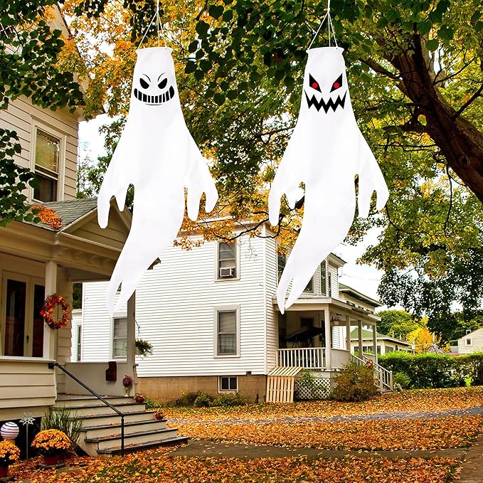 Geefuun 2PCS Halloween Fierce Ghost Windsocks Hanging Decorations - 43 Inch Flag Wind Socks for Home Yard Outdoor Decor Party Supplies