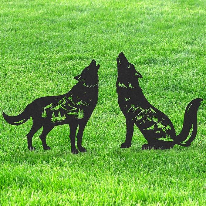 Wolf Garden Stakes Decorations - 2 Pcs Metal Howling Animals Silhouette Outdoor Statues Black Decorative Yard Sculpture Gifts Art Personalized Outside Decors for Patios Lawn Pathway Backyard