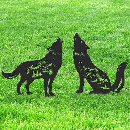 Wolf Garden Stakes Decorations - 2 Pcs Metal Howling Animals Silhouette Outdoor Statues Black Decorative Yard Sculpture Gifts Art Personalized Outside Decors for Patios Lawn Pathway Backyard