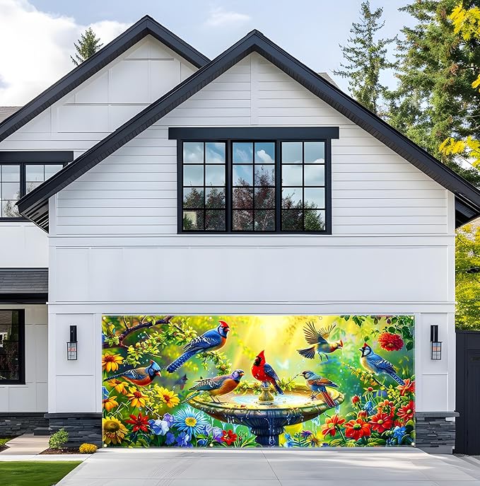 Garage door banner 157.5x70.9 inches large garage door cover outdoor spring garden decoration with bird pattern, garage door decoration with eyelets and rope, suitable for house exterior walls.
