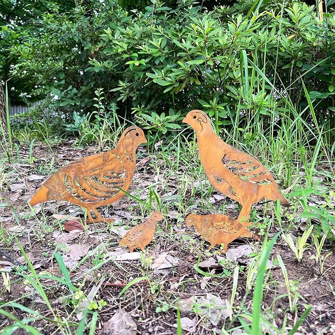 4PCS Rusty Partridge Family Decorative Garden Stakes, Metal Birds Yard Decor, Bird Lover Gifts for Women Mom Grandma Wife, Metal Birds Statues Garden Sculptures and Yard Art, Patio, Lawn Ornaments