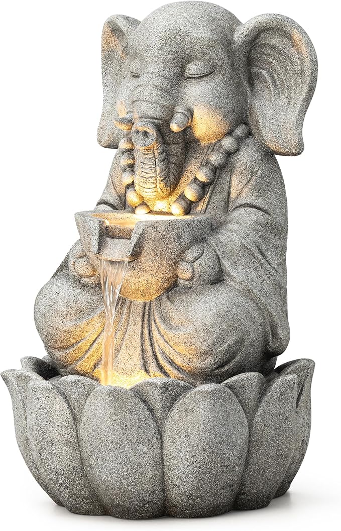 Glitzhome Outdoor Elephant Statues Garden Decorations 22" H, Zen-Style Meditative Elephant Sculpture Water Fountains LED Floor Standing Fountain Outside Elephant Statue with Birdbath for Yard Decor