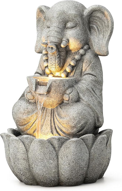 Glitzhome Outdoor Elephant Statues Garden Decorations 22" H, Zen-Style Meditative Elephant Sculpture Water Fountains LED Floor Standing Fountain Outside Elephant Statue with Birdbath for Yard Decor