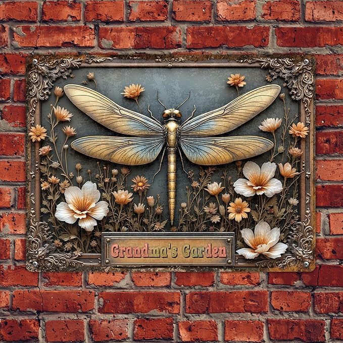 Custom Garden Signs Personalized Metal Tin Sign for Women, Retro Dragonfly Metal Sign for Outdoor, Patio, Yard Rustic Home Decor Gift for Mothers Day, Grandmas, and Gardening Lovers