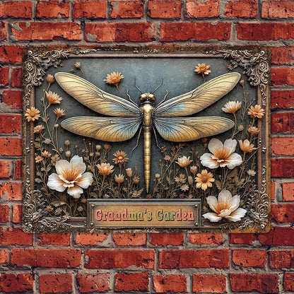 Custom Garden Signs Personalized Metal Tin Sign for Women, Retro Dragonfly Metal Sign for Outdoor, Patio, Yard Rustic Home Decor Gift for Mothers Day, Grandmas, and Gardening Lovers