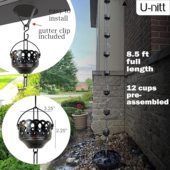 U-nitt Rain Chain Water Collection for Gutters Rainwater Catcher & Diverter, 8.5 FT Chains for Outside Garden, Antique Copper Cups, Roof Downspout, Works with Heavy Rain, w/ Gutter Clip for Rainchains