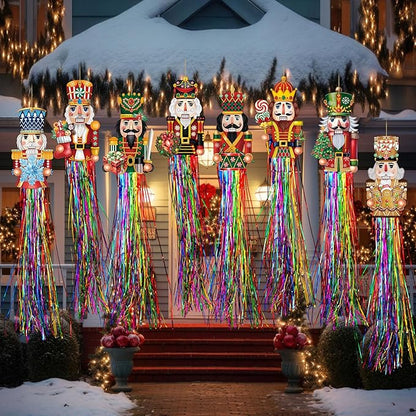 DoubleFill 8pcs Christmas Nutcracker Outdoor Decorations with Tassels Christmas Hanging Yard Decorations for Outside 3.3ft Xmas Signs Windsocks for Tree Lawn Yard Wall Party Supplies Home Decor