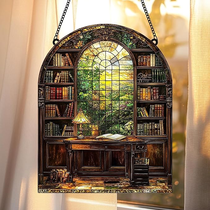 Bookshelf Acrylic Suncatcher Window Hanging Faux Stained Glass Bookish Decor Librarian Teacher Room Decor Gift