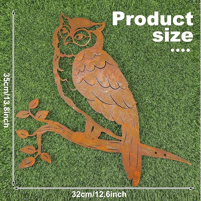 DoubleFill Rustic Copper Metal Owl Statue Outdoor Garden Decor Weather Resistant Rusty Metal Wall Art for Patio Lawn and Backyard Sculpture Gift