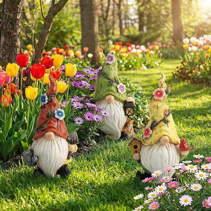 GoGnome 3-Pack Spring Garden Gnome Figurines, 6.5" Resin Decorative Gnomes with Lantern, Birdhouse & Watering Can, Indoor Outdoor Tabletop Home Yard Lawn Decor (Multicolor)