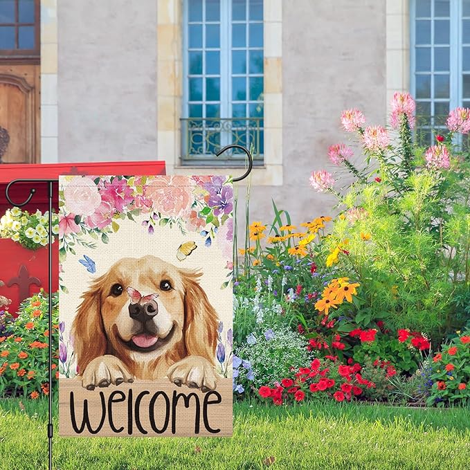 Heyfibro Welcome Spring Summer Flower Garden Flag 12x18 Inch Double Sided Burlap,Cute Golden Retriever Dog Butterfly Yard Flag for Seasonal Holiday Farmhouse Outdoor Decor(ONLY FLAG)