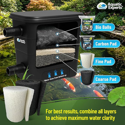 Aquatic Experts Koi Pond Filter Pad Bundle with Bio Balls – White Fine 12" x 72" + Black Coarse 12" x 72" Pads & 300 Count Bio Balls, Reusable Pond Filter Media