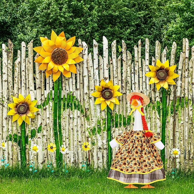 FuWeave Spring Goose Outfit Sunflower Lawn Porch Cement Goose Sunmer Clothes Skirts Hat Wig Forgarden Outdoor Patio Yard Statue Art Decor(Cherry,23 Inch)