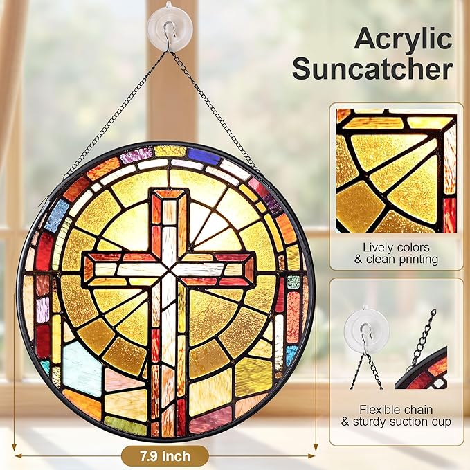 Stained Glass Suncatcher, 7.9 Inch Stained Glass Window Hanging Faith Cross Sun Catcher, Window Hanging Ornament Garden Decor Modern Farmhouse Decoration Catholic Gifts Religious Gifts