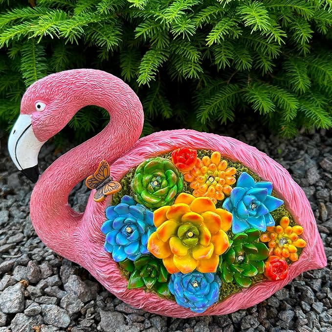 Mood Lab Garden Decor Flamingo Statue - 9 Inch Width Solar Figurine - 8 LED Solar Lights in Succulent Flowers - Yard Patio Lawn Indoor Outdoor Decoration