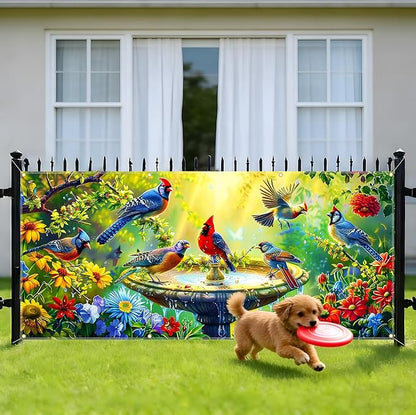 Garage door banner 157.5x70.9 inches large garage door cover outdoor spring garden decoration with bird pattern, garage door decoration with eyelets and rope, suitable for house exterior walls.
