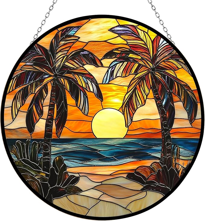 Palm Trees Stained Glass Window Hanging,Hummingbird Sun Catchers Indoor Window Decor, Stained Glass Suncatcher Gifts for Women, Christmas