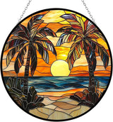 Palm Trees Stained Glass Window Hanging,Hummingbird Sun Catchers Indoor Window Decor, Stained Glass Suncatcher Gifts for Women, Christmas