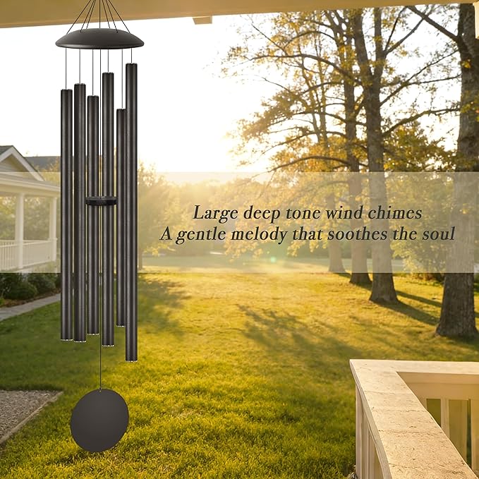 60" Extra Large Wind Chimes with Outside Deep Tone, 6 Thick and Bold Aluminum Tubes, Coolest Metal Windchimes Outdoors with Pine Wood Striker, Unique Gift for Mom, Garden Decoration(Black)
